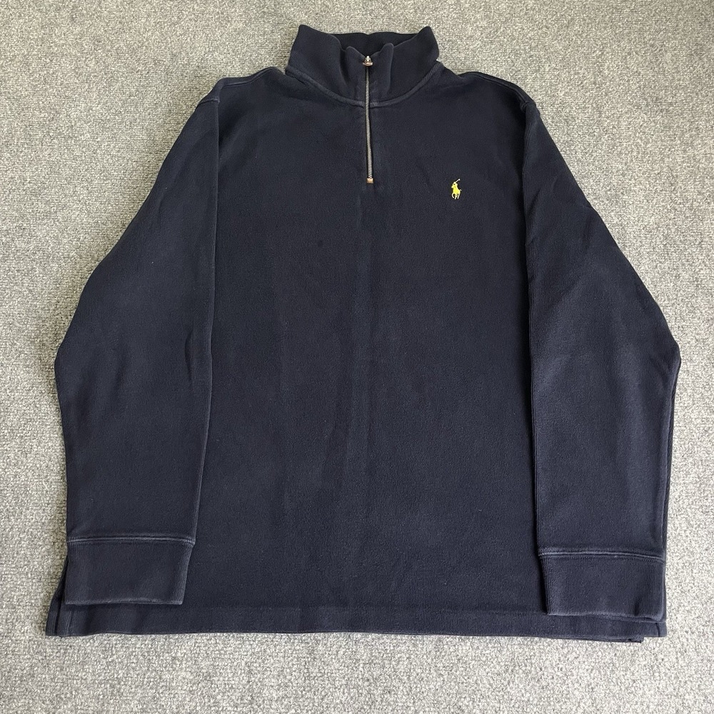 VTG Polo Ralph Lauren Sweater Mens XXL Navy Blue Quarter Zip Pullover Pony 90s